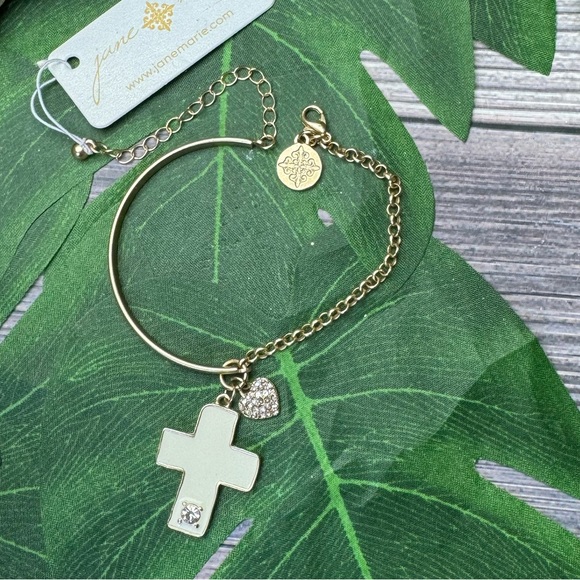 NWT Jane Marie Chain & Bar Bracelet w Cross & Heart Rhinestone Charms - Picture 8 of 10